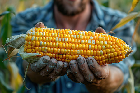 Farmer holding corn on the cob in the field, closeup