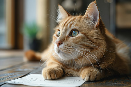 Cute ginger cat lying on floor and reading letter at home, closeup