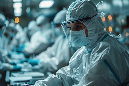 Scientist in protective suit working in the laboratory. Medical background.