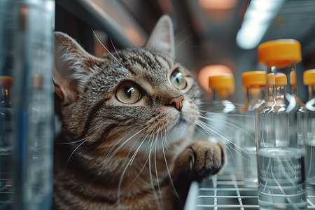Cute tabby cat looking at the test tubes in the laboratoryの写真素材
