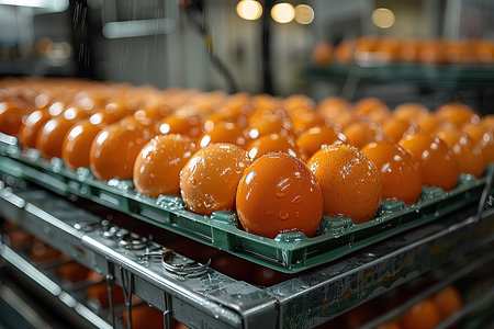 Fresh orange eggs on conveyor belt in food factory, closeup