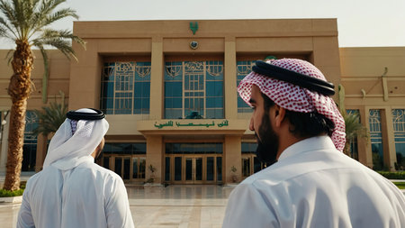 Two Arabic men standing in front of a mosque in Hurghada, Egypt