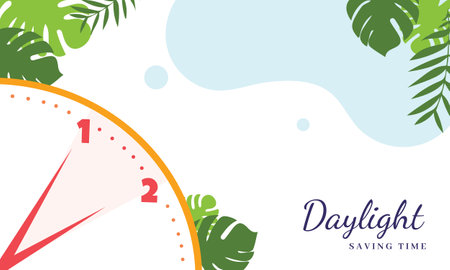 Daylight Saving Time (DST). Wall Clock and Tropical Leaves Background. Vector Illustration.