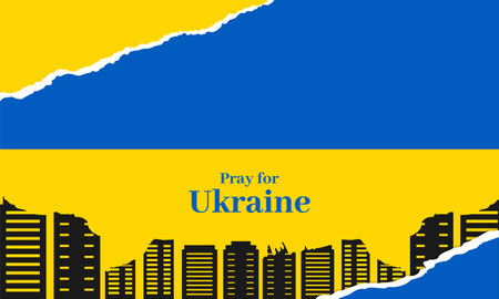 Ukrainian flag with cityscape and buildings background. Vector illustration.のイラスト素材