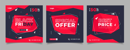 black friday sale social media post template design in red and black colorのイラスト素材