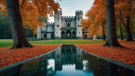 Castle in autumn park with falling leaves and water reflection in foreground