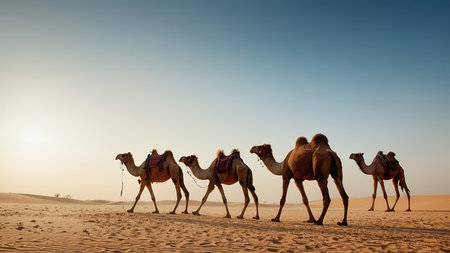 Group of camels in the desert at sunset. Travel concept.の写真素材