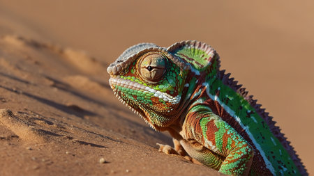 Close-up of a chameleon on the sand in the desertの写真素材