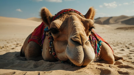 Camel lying in the sand of the Sahara desert, Morocco.の写真素材