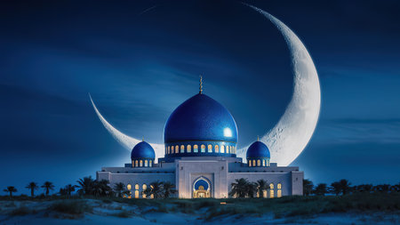 Illustration of mosque and moon at night. Ramadan Kareem backgroundの写真素材