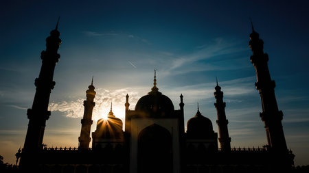 Silhouette of the Sultan Ahmet Mosque at sunset, New Delhi, India