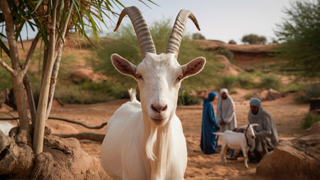 White goat in the arabian village of Wadi Musaの写真素材