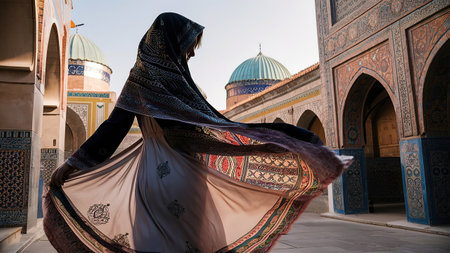 Young Muslim woman in traditional clothes walking in the old city of Samarkand, Uzbekistan