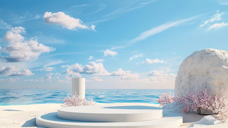 3d render of white podium on the beach with beautiful sky backgroundの写真素材