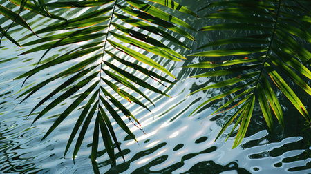 Palm leaves and rippled water surface. Natural background.