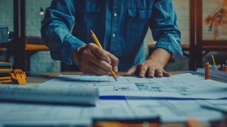 Architect or engineer working on blueprint at office desk, Construction concept.の写真素材