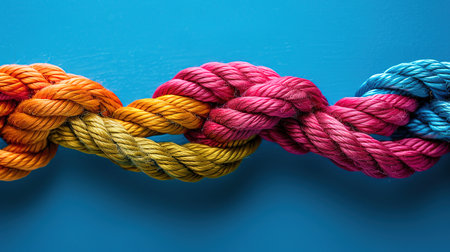 colorful rope knot on blue background, top view, close upの写真素材