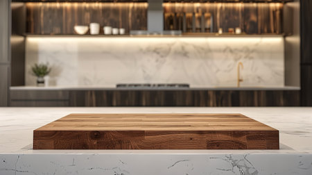 Wooden countertop on white marble table in modern kitchen. 3d render