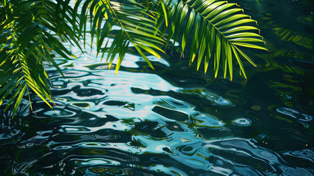 Palm leaves on the surface of the water. Tropical background.の写真素材