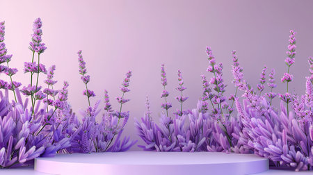 3d render of lavender flowers and podium for product display.の写真素材