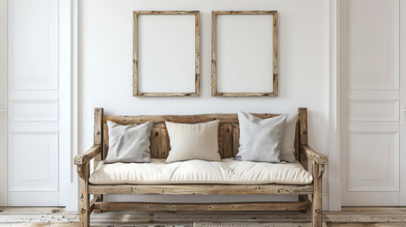 Vintage wooden sofa with blank picture frames in room. 3d render