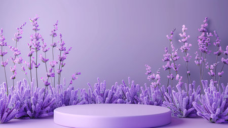 Lavender minimal product display podium with lavender flowers 3d renderingの写真素材