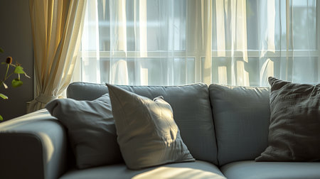 Interior of living room with sofa, pillows and window viewの写真素材