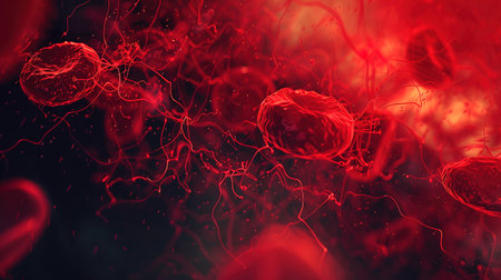 3d illustration of red blood cells flowing through vein, abstract backgroundの写真素材