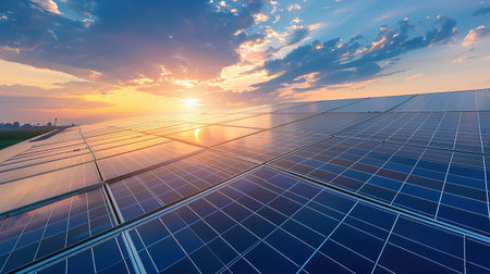 Solar energy panels with sunset sky background. Alternative energy source concept.