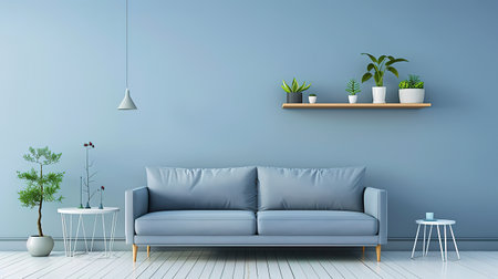 Interior of modern living room with blue sofa and plants - renderingの写真素材