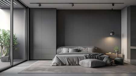 Interior of modern bedroom with gray walls, concrete floor, grey master bed with gray blanket and...