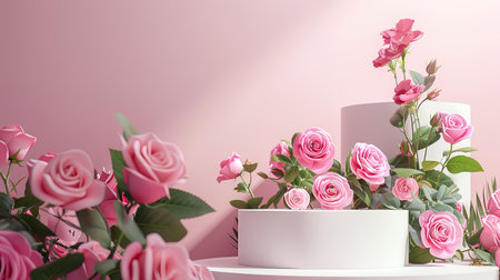 3d render of pink roses and white podium on pink background.の写真素材