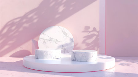 Minimal scene with white marble podiums and shadows on the wall. 3D renderingの写真素材