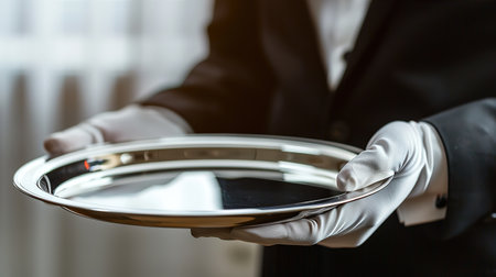 waiter holding a tray in his hand, closeup of handsの写真素材
