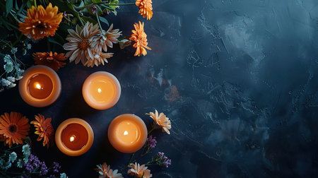 Beautiful orange flowers and candles on dark background, top view.の写真素材