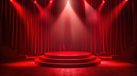 Stage podium with lighting, Stage Podium Scene with for Award Ceremony on red Background, 3d renderの写真素材