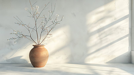 Ceramic vase with white flowers on white concrete floor. Mock up, 3D Renderingの写真素材