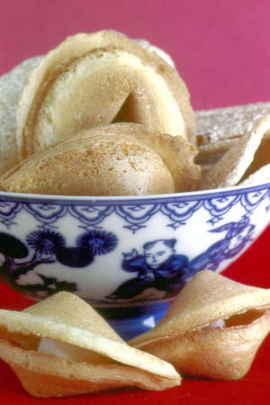 Bowl filled with Fortune Cookiesの写真素材