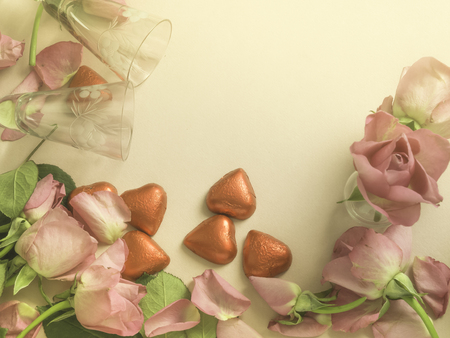 Red roses on a table, flat lay, tonedの写真素材