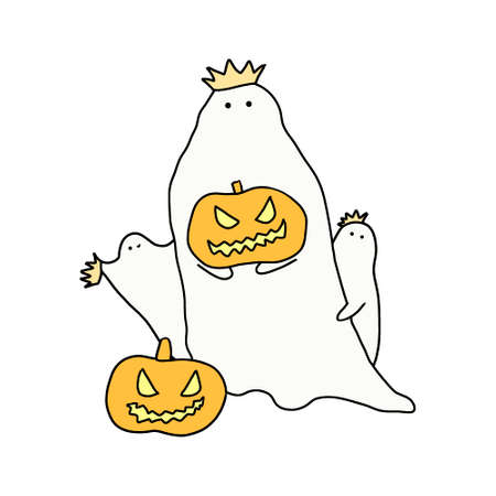 Royal ghost family with pumpkin lanterns, cute halloween illustration, isolated on a white backgroundの写真素材