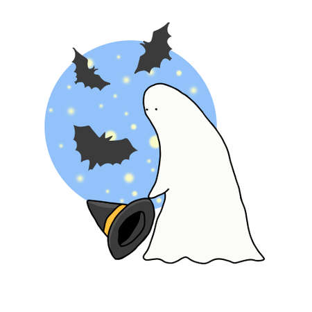A ghost finds a witchÂ´'s hat, night sky with stars on a background and black bats flying around, cute Halloween illustrationの写真素材