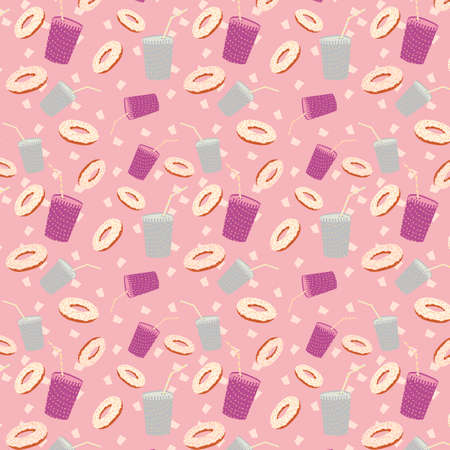 Donuts and drinks in paper mugs, party snacks, digitally illustrated seamless patternの写真素材