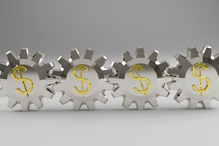 Silvery gears with a gold dollar sign. 3d render の写真素材