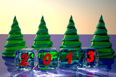 Background from Christmas glass fir-trees  Number 2013 on ice cubes
