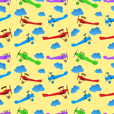 Seamless pattern from children colored retro planes and clouds.のイラスト素材