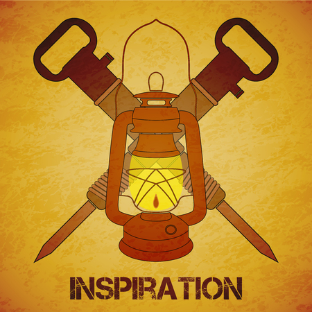 Vintage mine kerosene lantern  jackhammers over yellow grunge background. Element for your design, posters and other industrial projects.のイラスト素材