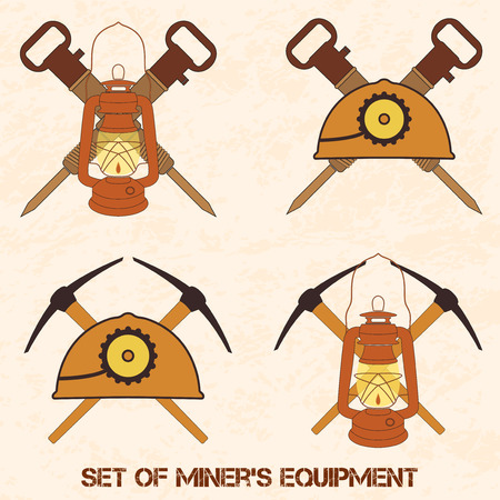 Vector orange set from mine tools and equipment. Helmet, lantern, jackhammers and picks. Element for your design, safety posters and other industrial projects.のイラスト素材