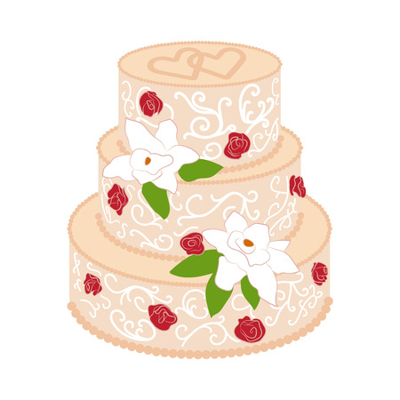 Wedding cake with two crossed hearts on top and cream red roses and white lilies. Element for your...