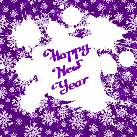Vector white ink splashes with hand-drawn Happy New Year over violet snowflakes background. Element for your Christmas designs, projects, promotional sales and other your projects. Just add your textのイラスト素材