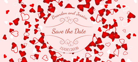 Vector Wedding banner with date over the scattered red and pink hearts. Element for your wedding designs, valentine s day projects, and other your projects. Just add your text.のイラスト素材